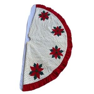 Vintage Christmas Tree Skirt Poinsettia Quilted Padded White Holidays